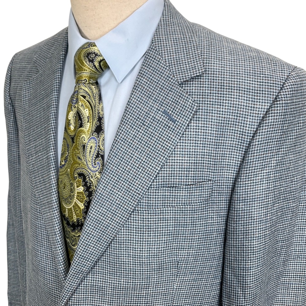 Brooks Brothers Blazer Mens 43L Blue Brown Houndstooth Silk Linen Cotton Italy